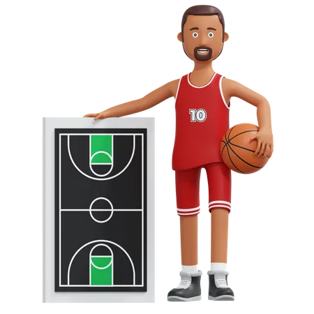 Joueur professionnel de basket-ball tenant le ballon et le tableau de stratégie  3D Illustration