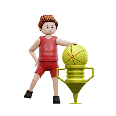 Joueur de basket-ball debout avec le trophée du champion  3D Illustration