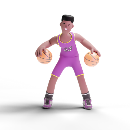 Joueur de basket-ball jouant avec deux ballons de basket  3D Illustration