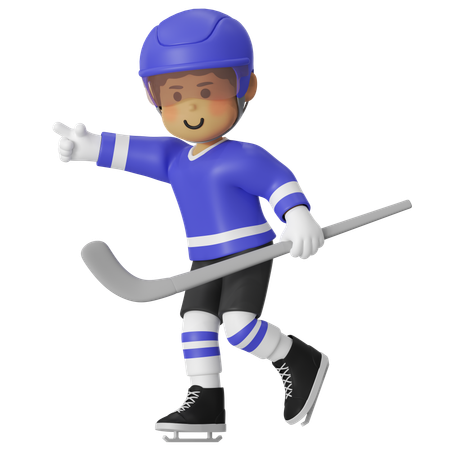 Joueur de hockey masculin pointant quelque chose avec un bâton de hockey  3D Illustration