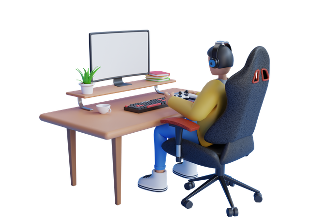 Joueur jouant à un jeu en ligne sur PC  3D Illustration