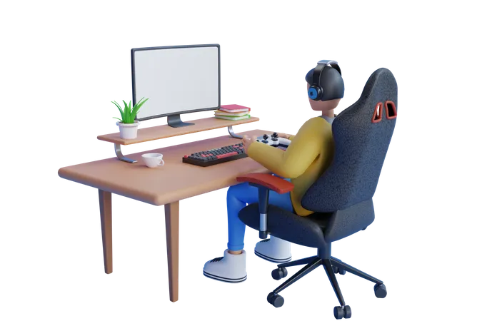 Joueur jouant à un jeu en ligne sur PC  3D Illustration