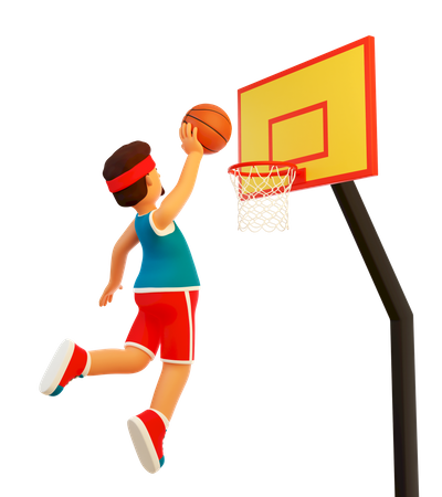 Le joueur lance le ballon dans le panier de basket  3D Illustration