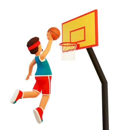 Le joueur lance le ballon dans le panier de basket  3D Illustration
