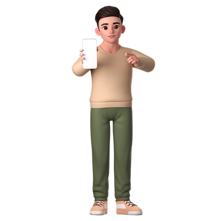 Jovem apontando para seu smartphone para mostrar ou promover  3D Illustration