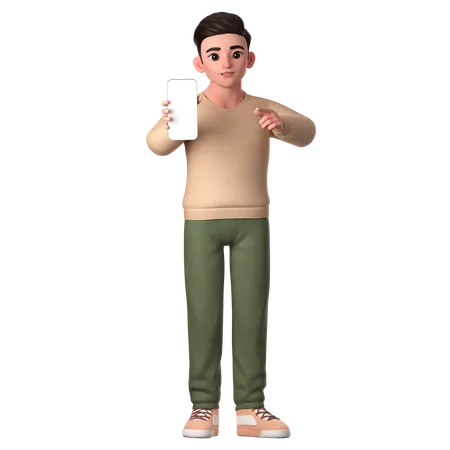 Jovem apontando para seu smartphone para mostrar ou promover  3D Illustration