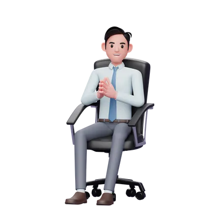 Jovem empresário bonito sentado na cadeira do escritório com campanário de gesto manual  3D Illustration