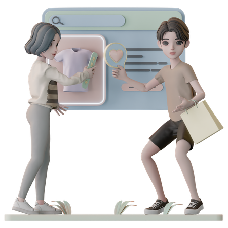 Jovem casal compartilhando análise de produto  3D Illustration