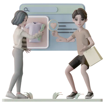 Jovem casal compartilhando análise de produto  3D Illustration