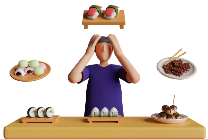 Jovem Confuso Sobre Escolher Comida  3D Illustration