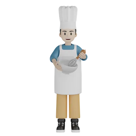 Jovem cozinheiro misturando em uma tigela  3D Illustration