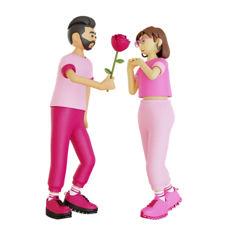 Jovem dando rosa para mulher  3D Illustration