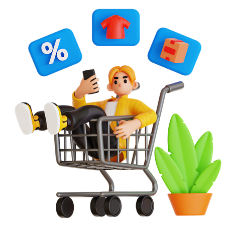 Jovem deitado no carrinho de compras enquanto faz compras online  3D Illustration