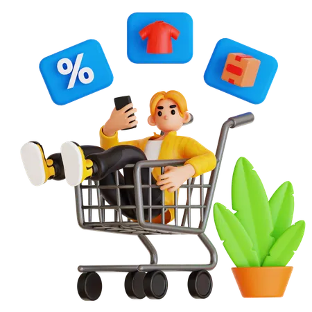 Jovem deitado no carrinho de compras enquanto faz compras online  3D Illustration