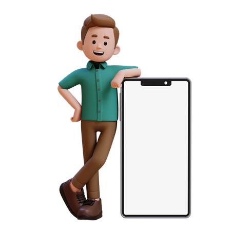 Jovem em pé com um grande smartphone com tela vazia  3D Illustration