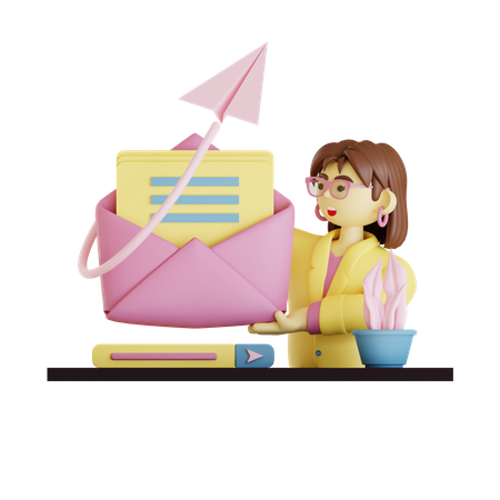 A jovem envia um e-mail  3D Illustration