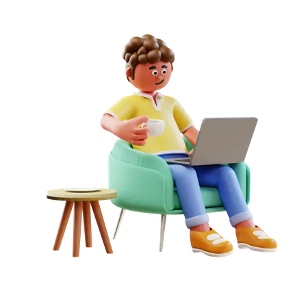 Jovem trabalhando no laptop e sentado no sofá  3D Illustration