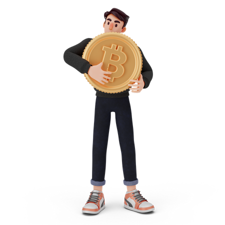 Garoto segurando bitcoin  3D Illustration