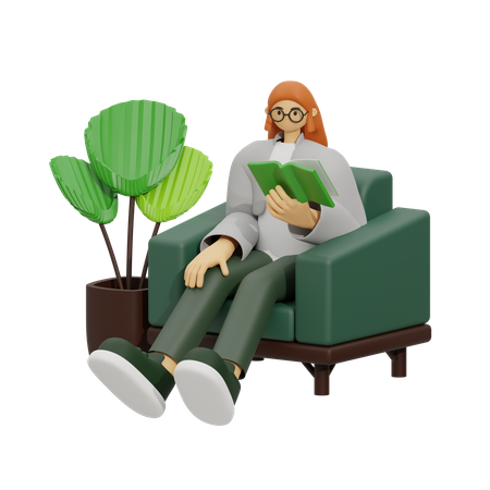 Jovem lendo um livro enquanto está sentado no sofá  3D Illustration