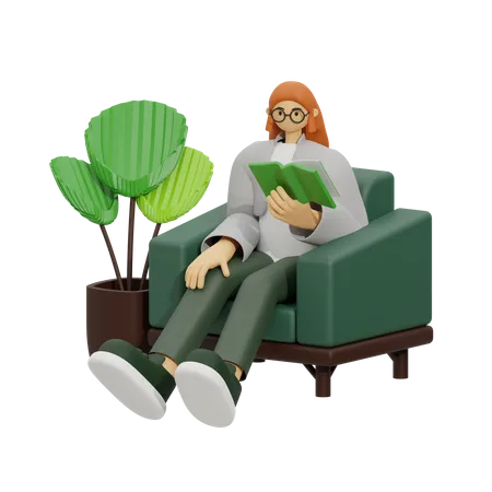 Jovem lendo um livro enquanto está sentado no sofá  3D Illustration