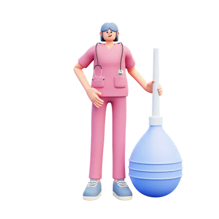 Jovem médico em pé perto do Big Blue Enema Clyster  3D Illustration