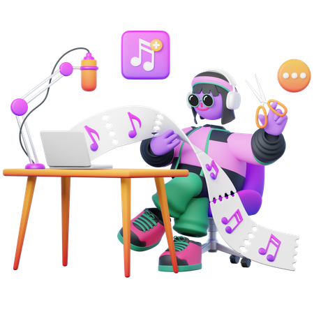 A moça edita o fluxo de áudio  3D Illustration