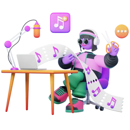 A moça edita o fluxo de áudio  3D Illustration