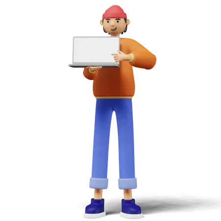 Jovem mostrando a tela do laptop  3D Illustration