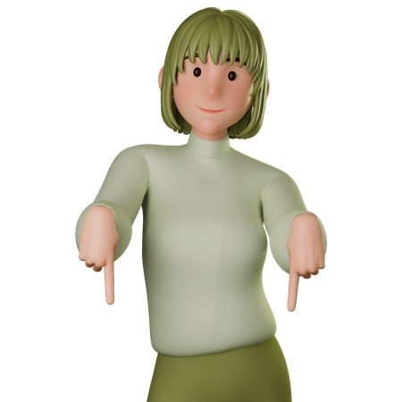 Jovem mulher em traje verde apontando para baixo  3D Icon