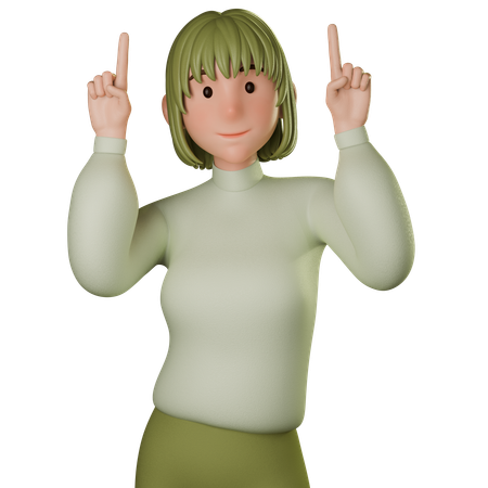 Jovem mulher em traje verde apontando para cima  3D Icon