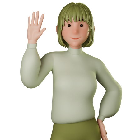 Jovem mulher em traje verde cumprimentando com a mão esquerda acenando  3D Icon