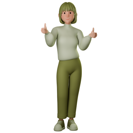 Jovem mulher em traje verde dando dois polegares para cima  3D Icon
