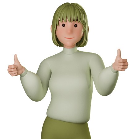Jovem mulher em traje verde dando dois polegares para cima  3D Icon
