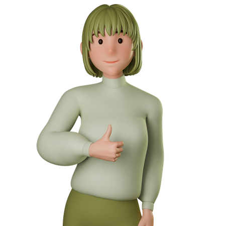 Jovem mulher em traje verde dando polegares para cima com a mão esquerda  3D Icon