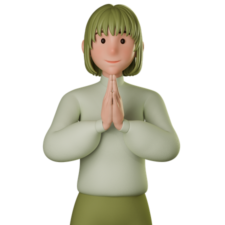 Jovem mulher em traje verde fazendo pose de Namaste  3D Icon