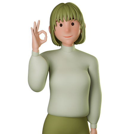 Jovem mulher em traje verde mostrando gesto de ok com a mão direita  3D Icon