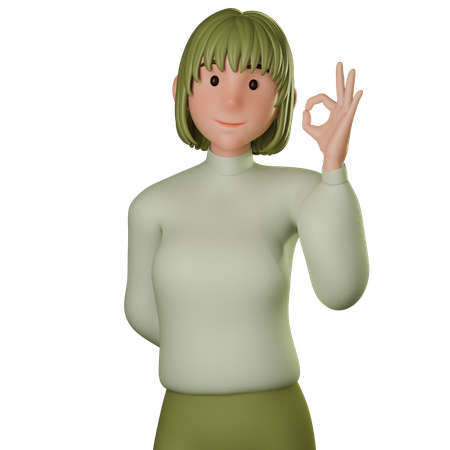 Jovem mulher em traje verde mostrando gesto de ok com a mão esquerda  3D Icon