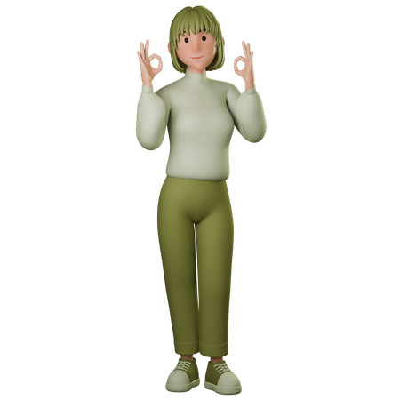 Jovem mulher em traje verde mostrando gesto de ok com ambas as mãos  3D Icon