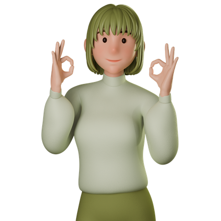 Jovem mulher em traje verde mostrando gesto de ok com ambas as mãos  3D Icon