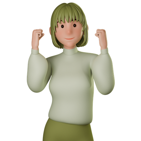 Jovem mulher em traje verde mostrando sinal de mãos fortes  3D Icon