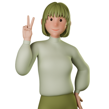 Jovem mulher em traje verde mostrando sinal de paz com a mão esquerda  3D Icon