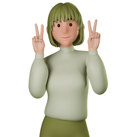 Jovem mulher em traje verde mostrando sinal de paz com ambas as mãos  3D Icon