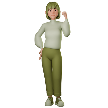 Jovem mulher em traje verde mostrando sinal forte com a mão direita  3D Icon
