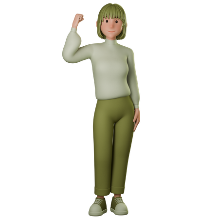 Jovem mulher com roupa verde mostrando sinal forte com a mão esquerda  3D Icon