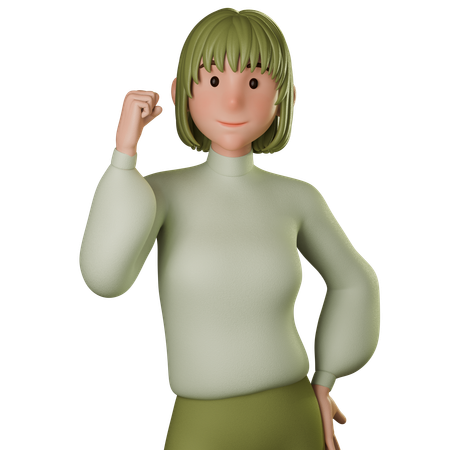 Jovem mulher com roupa verde mostrando sinal forte com a mão esquerda  3D Icon