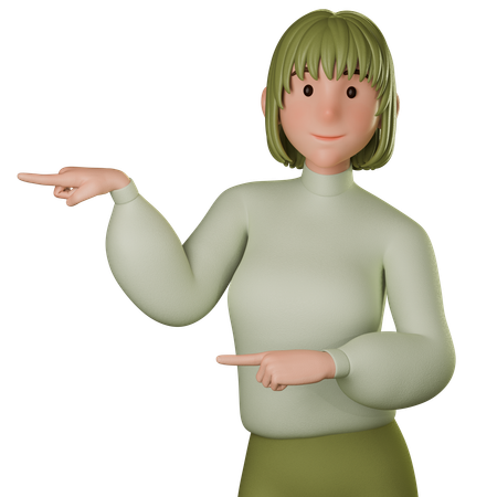 Jovem mulher em traje verde apontando para a esquerda  3D Icon