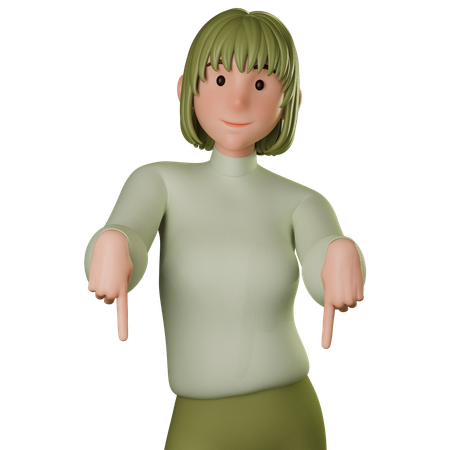 Jovem mulher em traje verde apontando para baixo  3D Icon