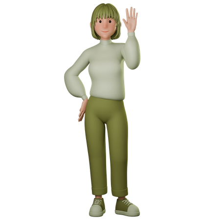 Jovem mulher em traje verde cumprimentando com a mão direita acenando  3D Icon