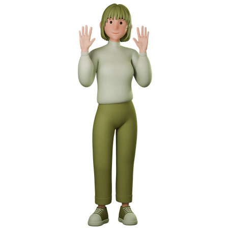 Jovem mulher em traje verde cumprimentando com ambas as mãos levantadas  3D Icon