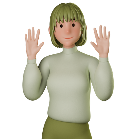 Jovem mulher em traje verde cumprimentando com ambas as mãos levantadas  3D Icon